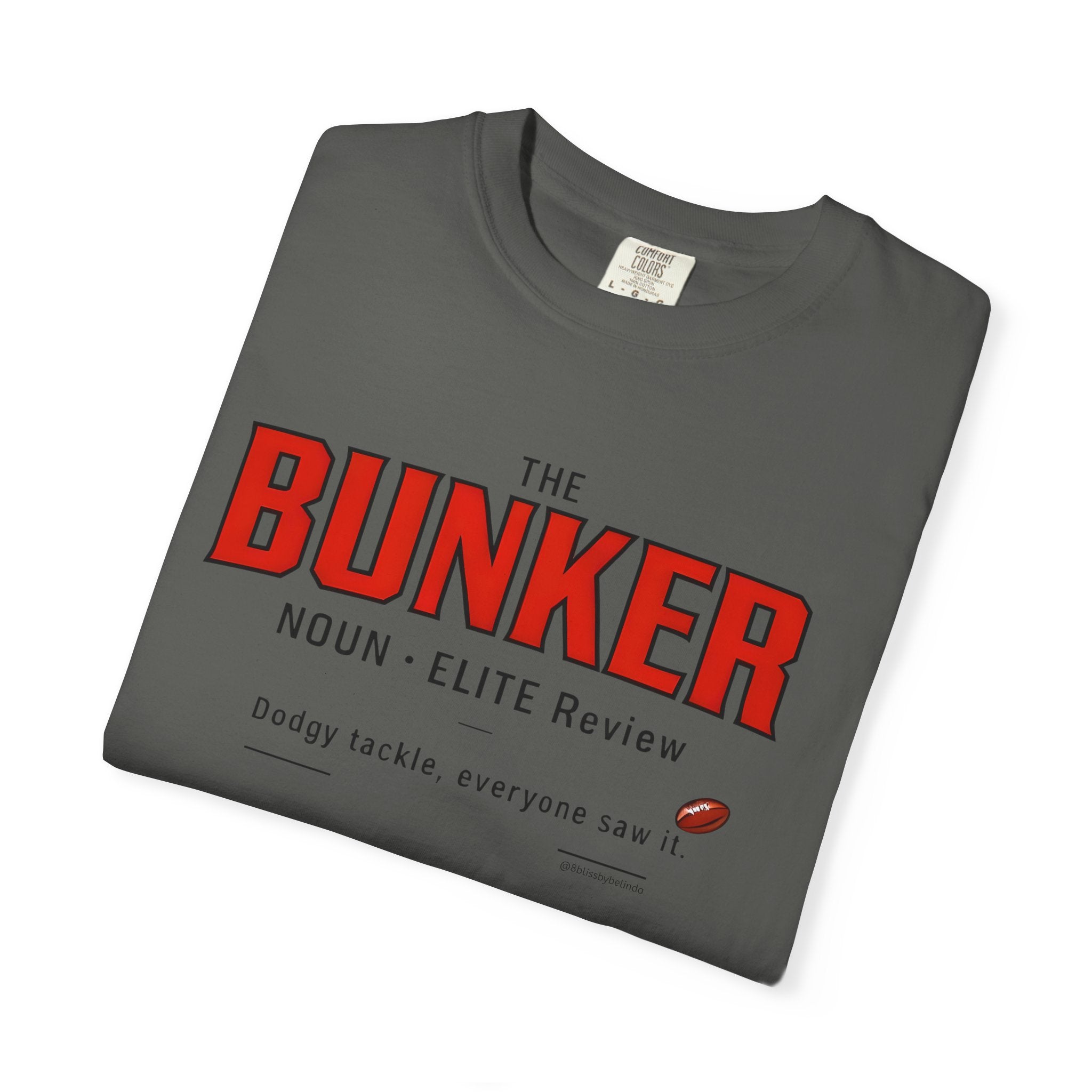 Dark gray crew-neck T-shirt with large red 'BUNKER' definition graphic on front