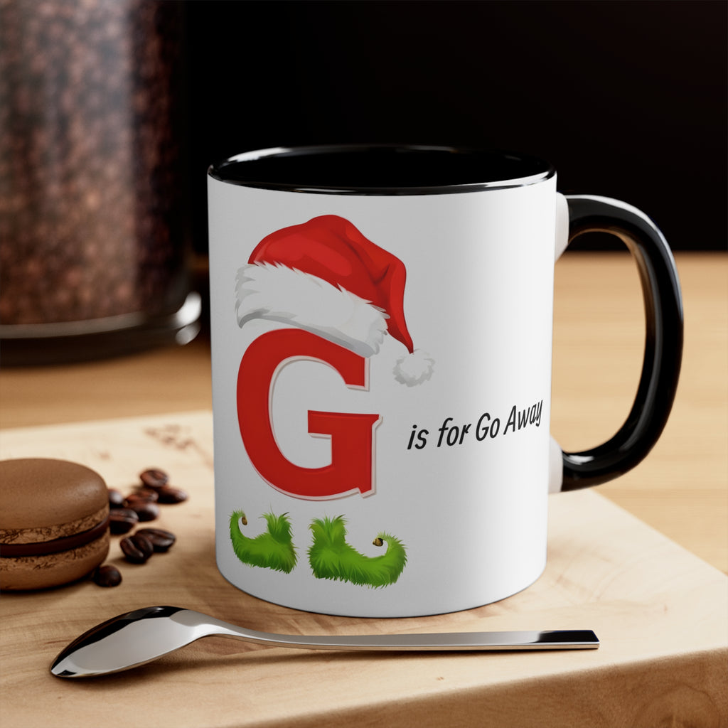 Holiday letter G mug, black handle, with Santa hat and 'is for Go Away' wording