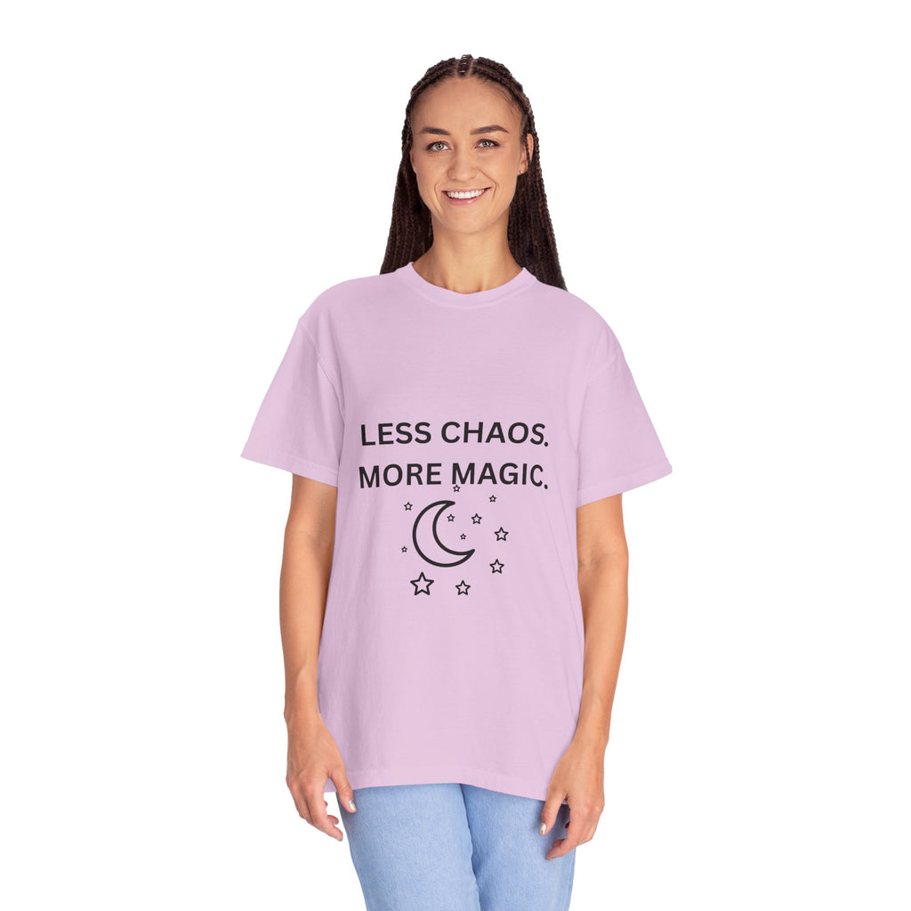 Less Chaos, More Magic T-Shirt — Crescent Moon + Stars Graphic Tee