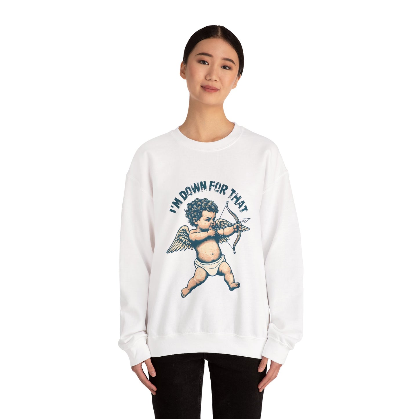 Unisex Sweatshirt, Valentines Day Cupid, I'm Down For That, Cupid Graphic, Cute Valentines Gift, Love Day Crewneck, Valentines Sweatshirt