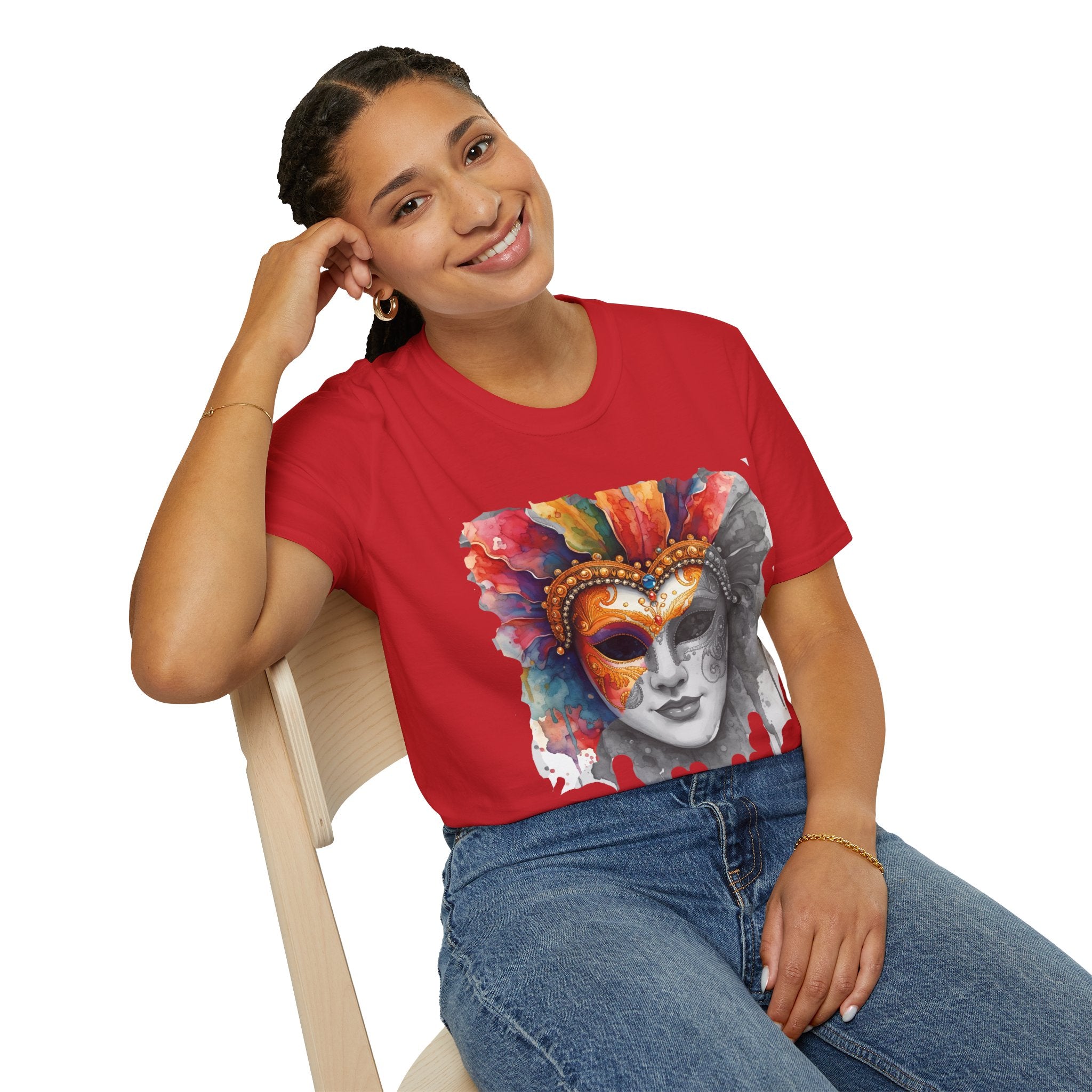Red T-shirt with colorful masquerade mask face graphic on front