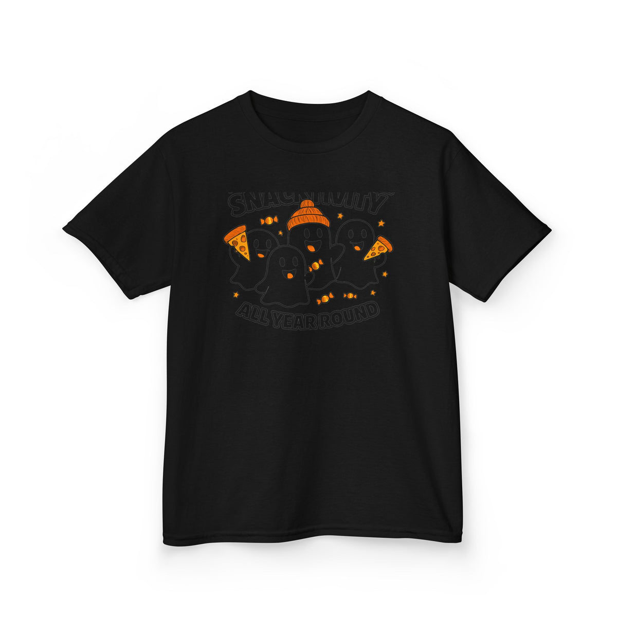 Black kids Halloween t-shirt, chest view with orange space-ghost graphic