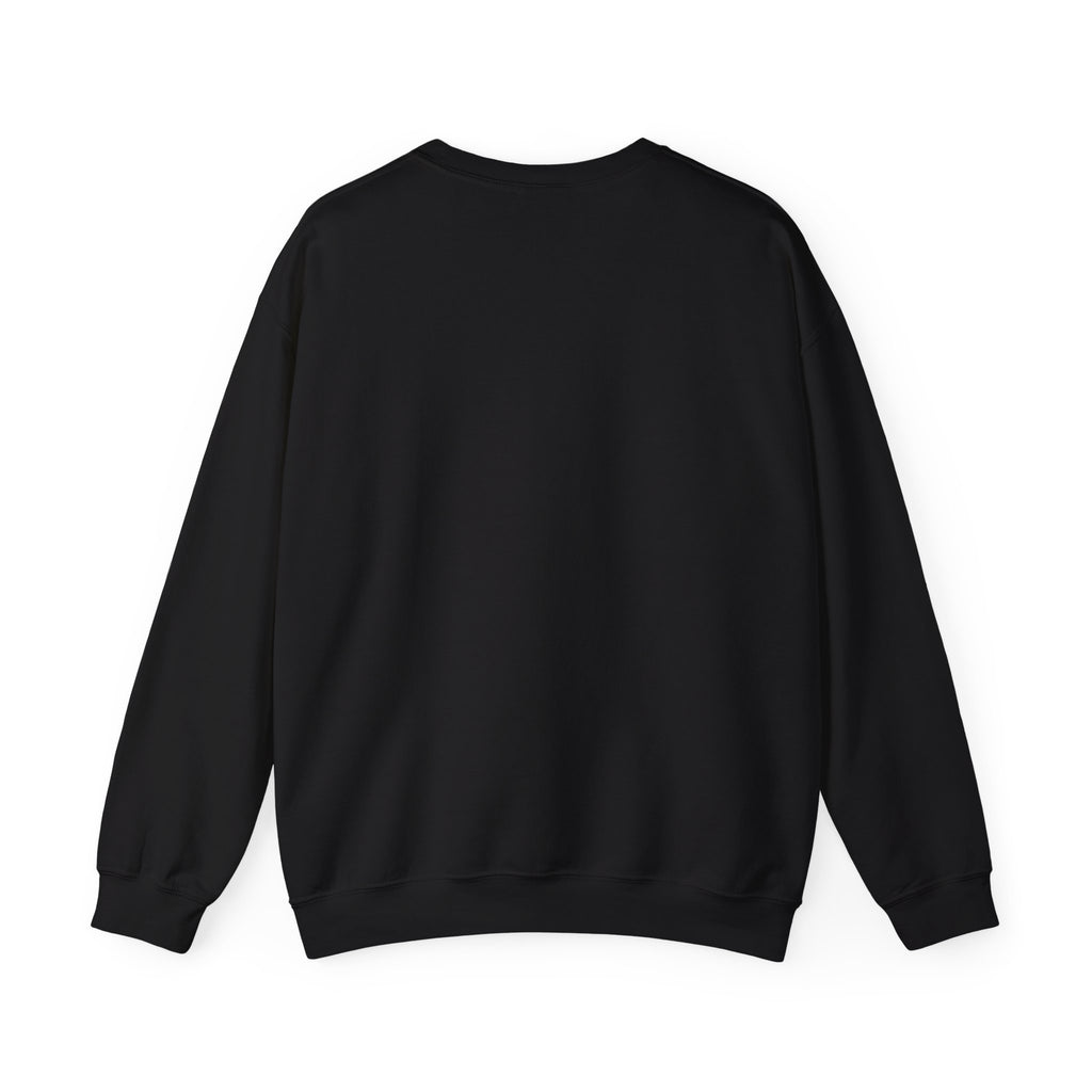 Black crewneck sweatshirt back view, plain with no visible graphic