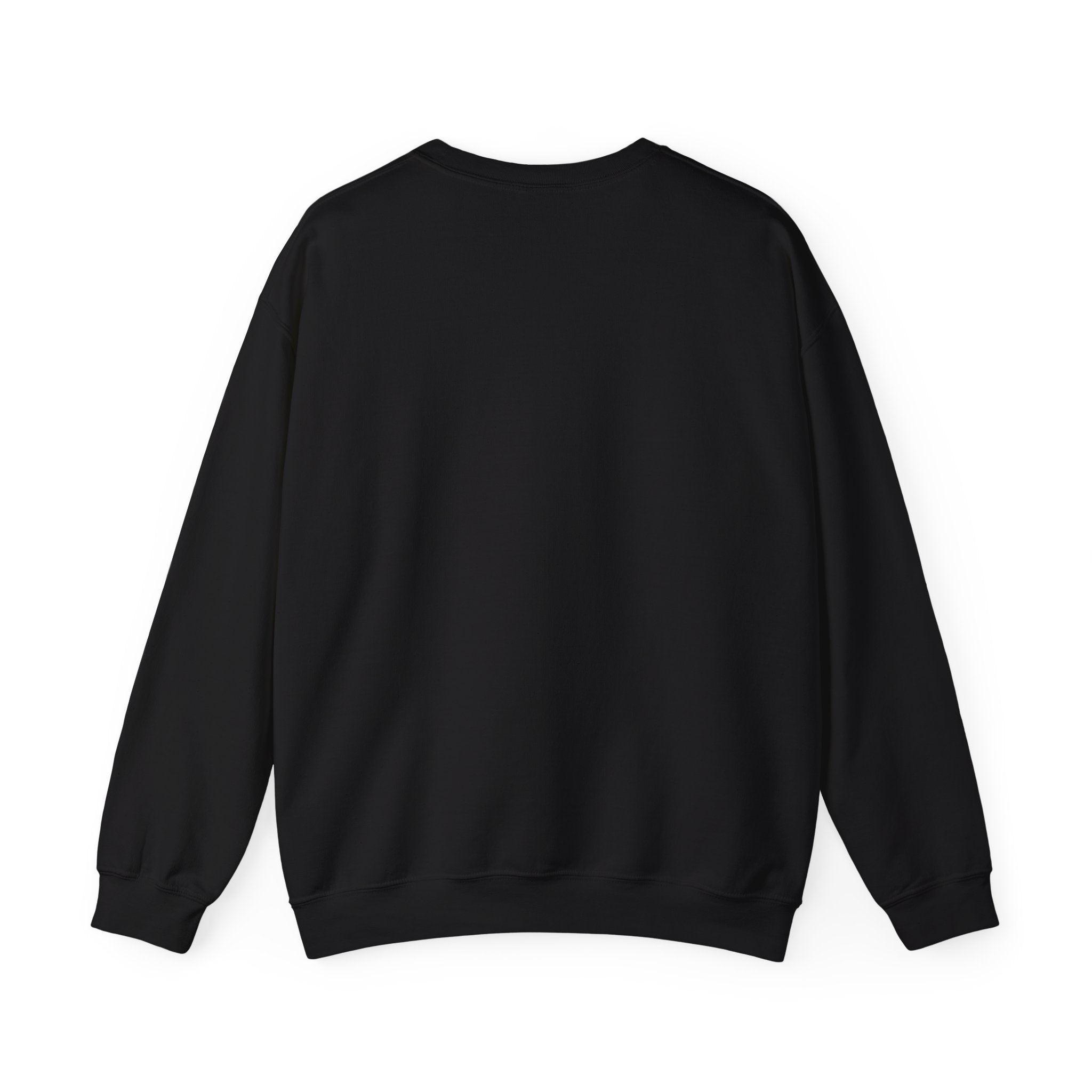 Black crewneck sweatshirt back view, plain with no visible graphic