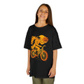 Kids' black graphic T-shirt with pumpkin-head biker on bicycle print, short sleeves