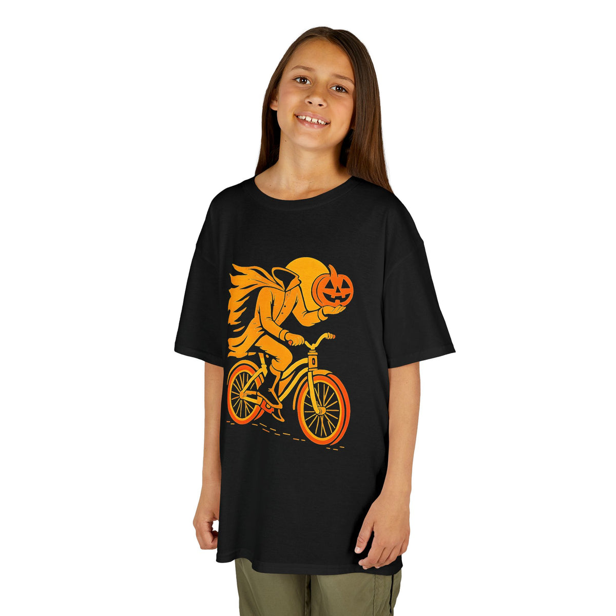Kids' black graphic T-shirt with pumpkin-head biker on bicycle print, short sleeves