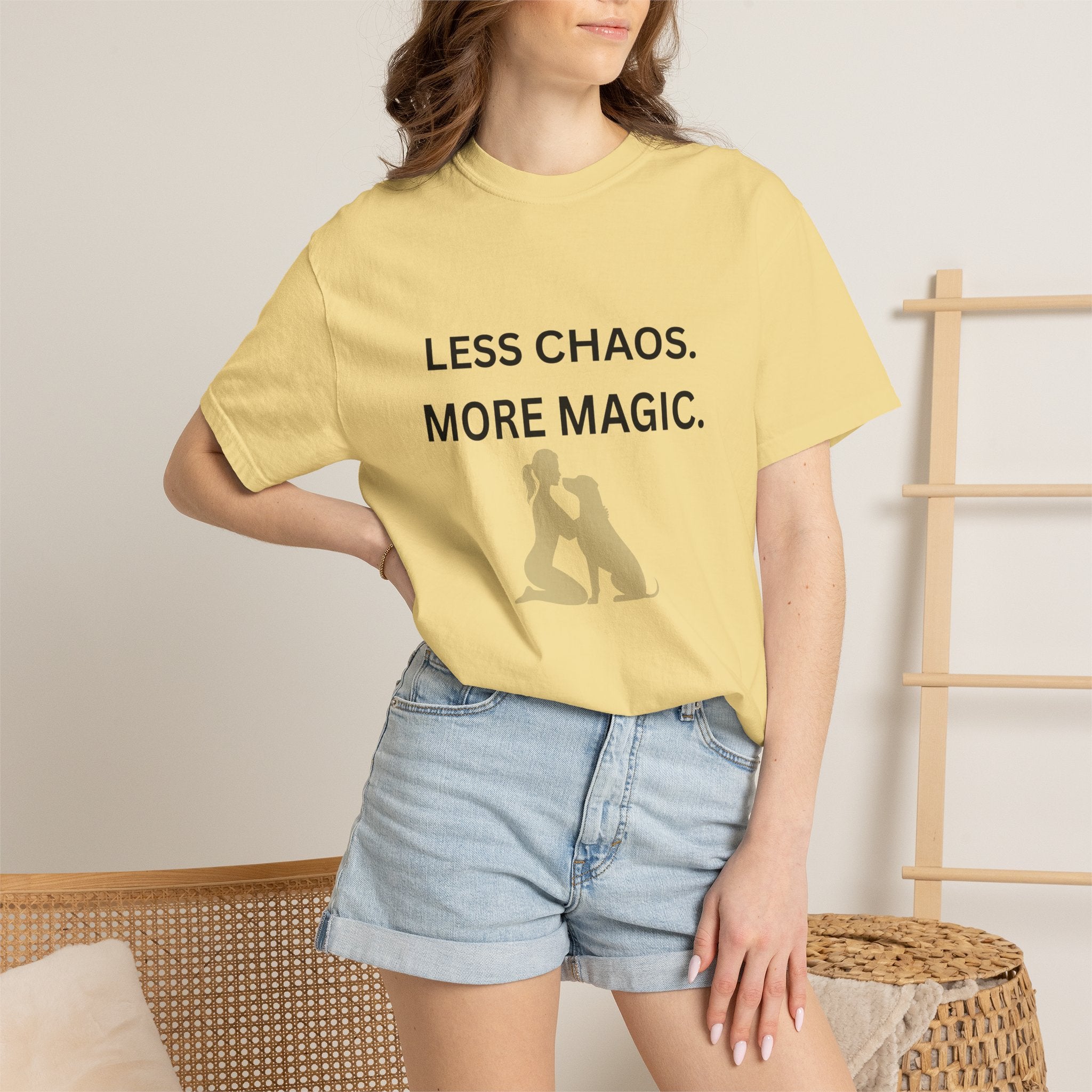 Less Chaos, More Magic T-Shirt — Woman + Dog Silhouette Graphic Tee