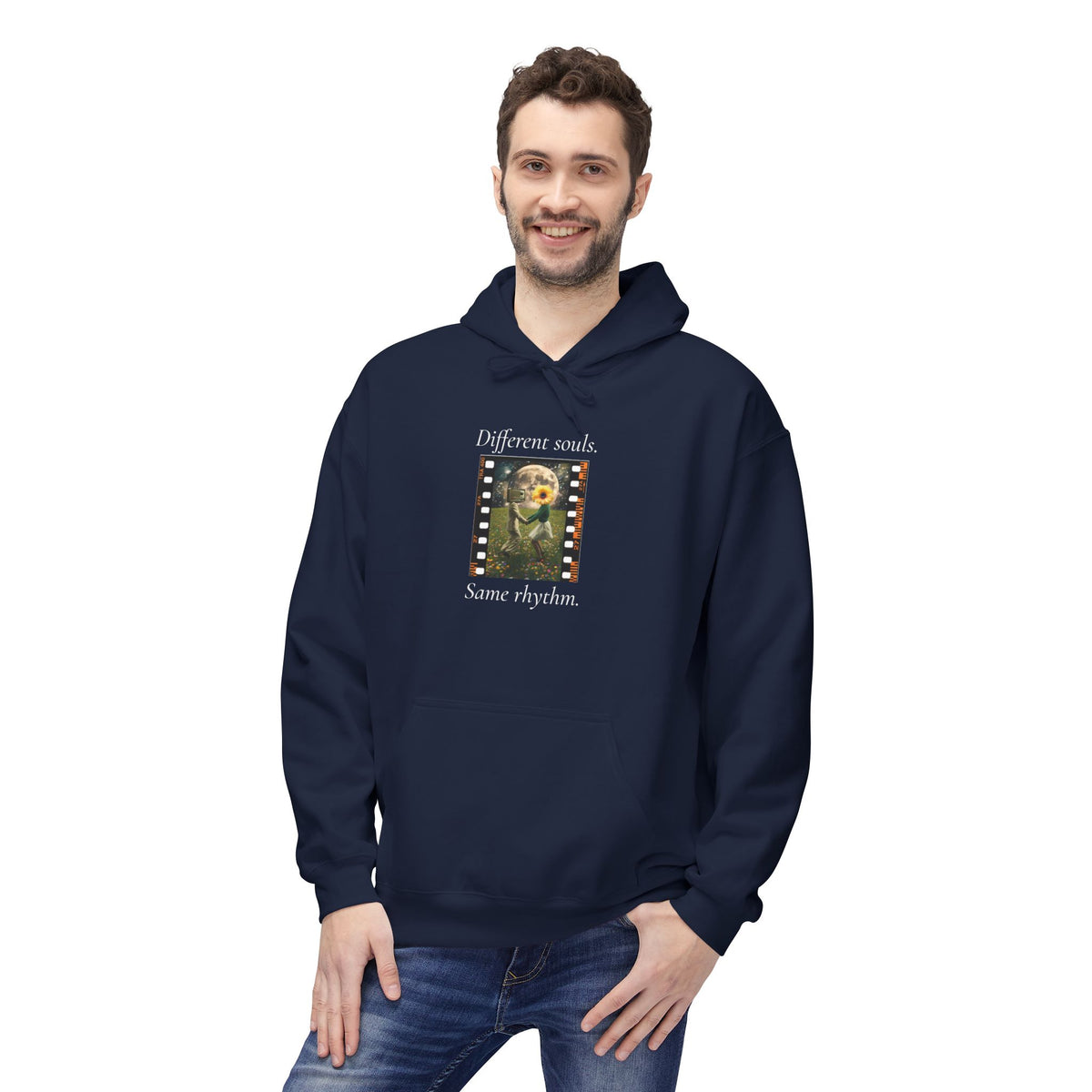 Navy pullover hoodie with front pocket, hood, and music-themed graphic chest print