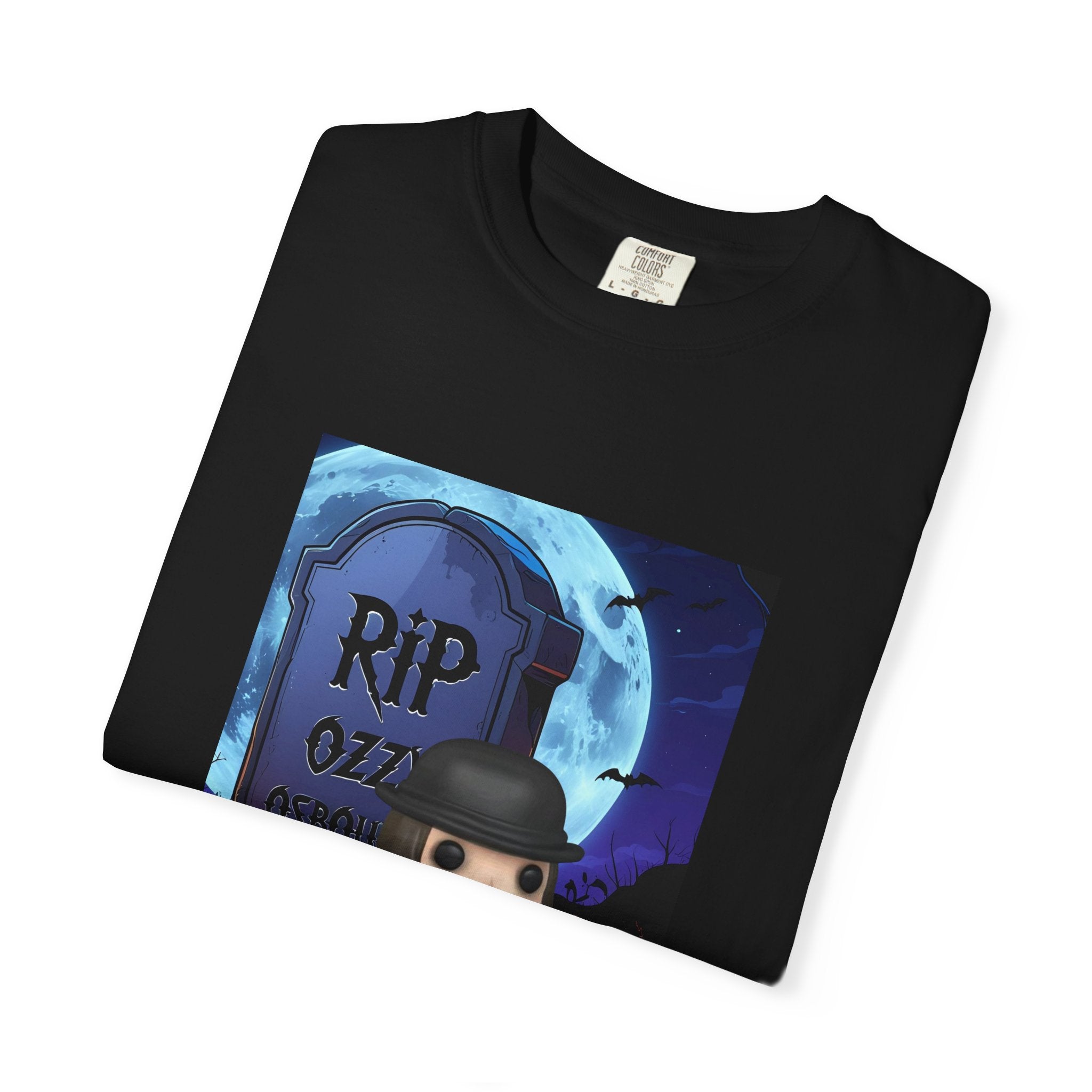 Black unisex T-shirt with large “RIP” tombstone graphic and cartoon figure