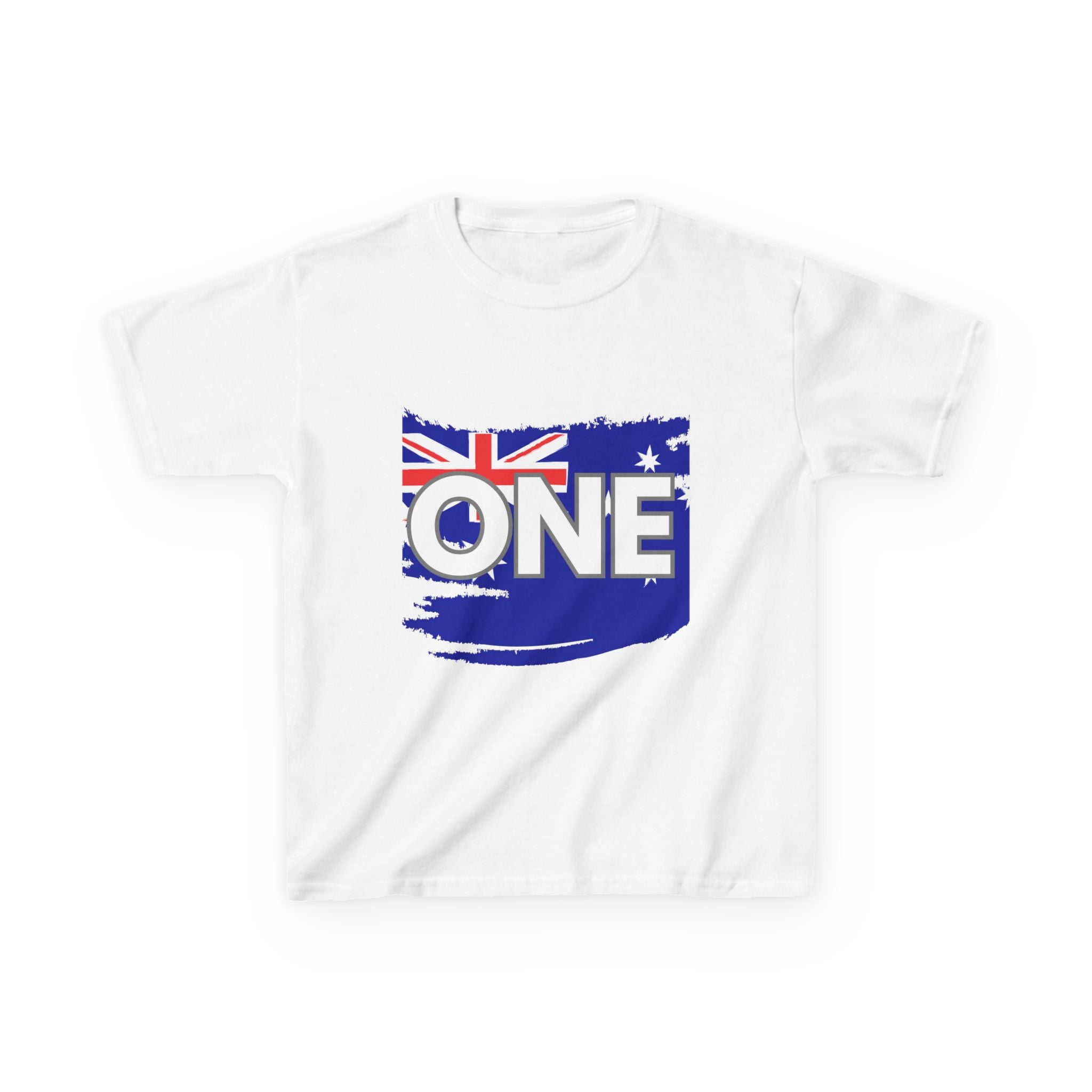 Kids T-shirt, white with 'ONE' Australia torn flag map graphic
