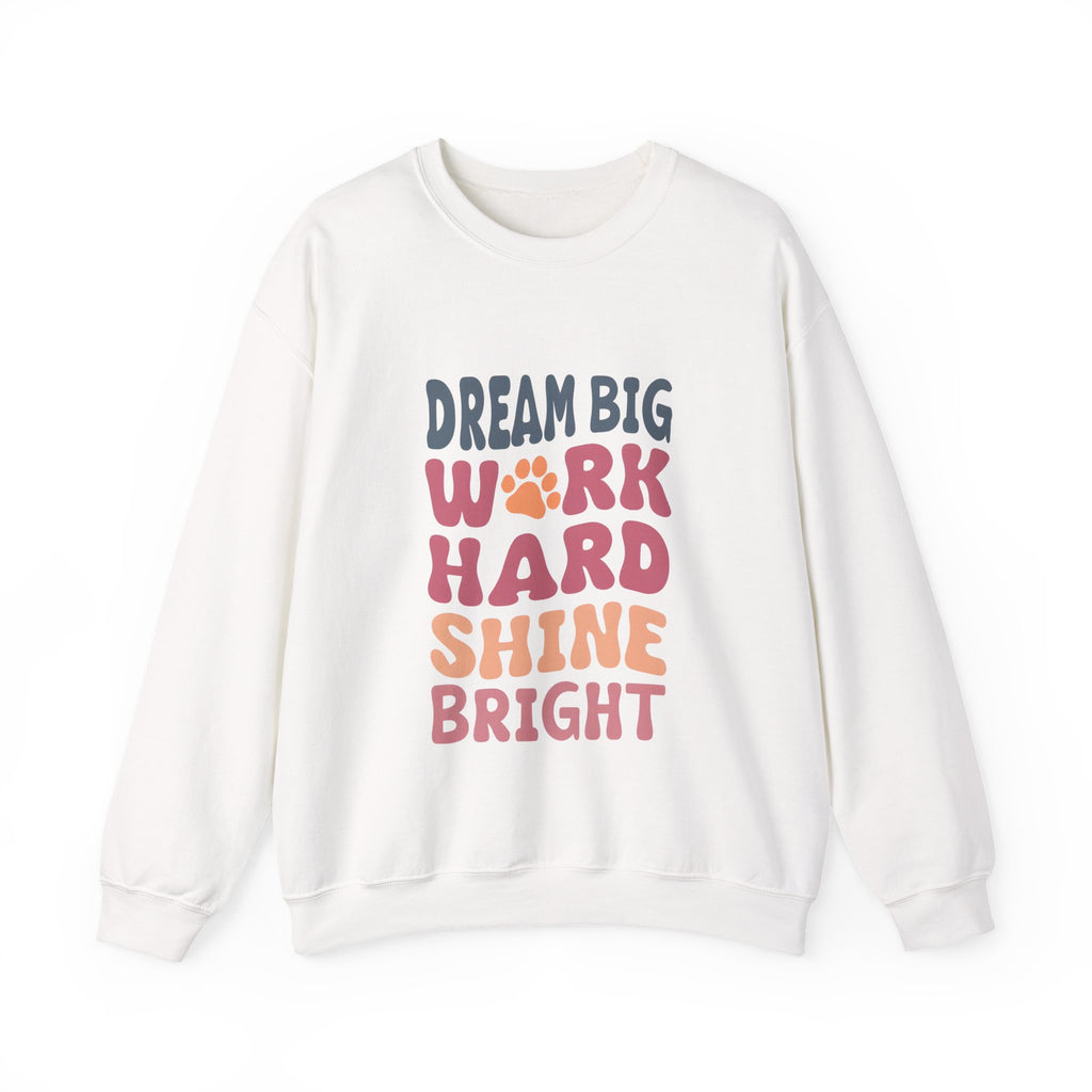 White crewneck sweatshirt with colorful motivational paw-print graphic on chest