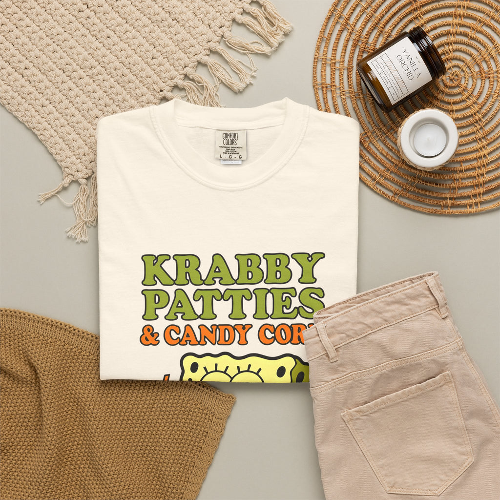Ivory crewneck T-shirt with colorful 'Krabby Patties & Candy Corn' front graphic