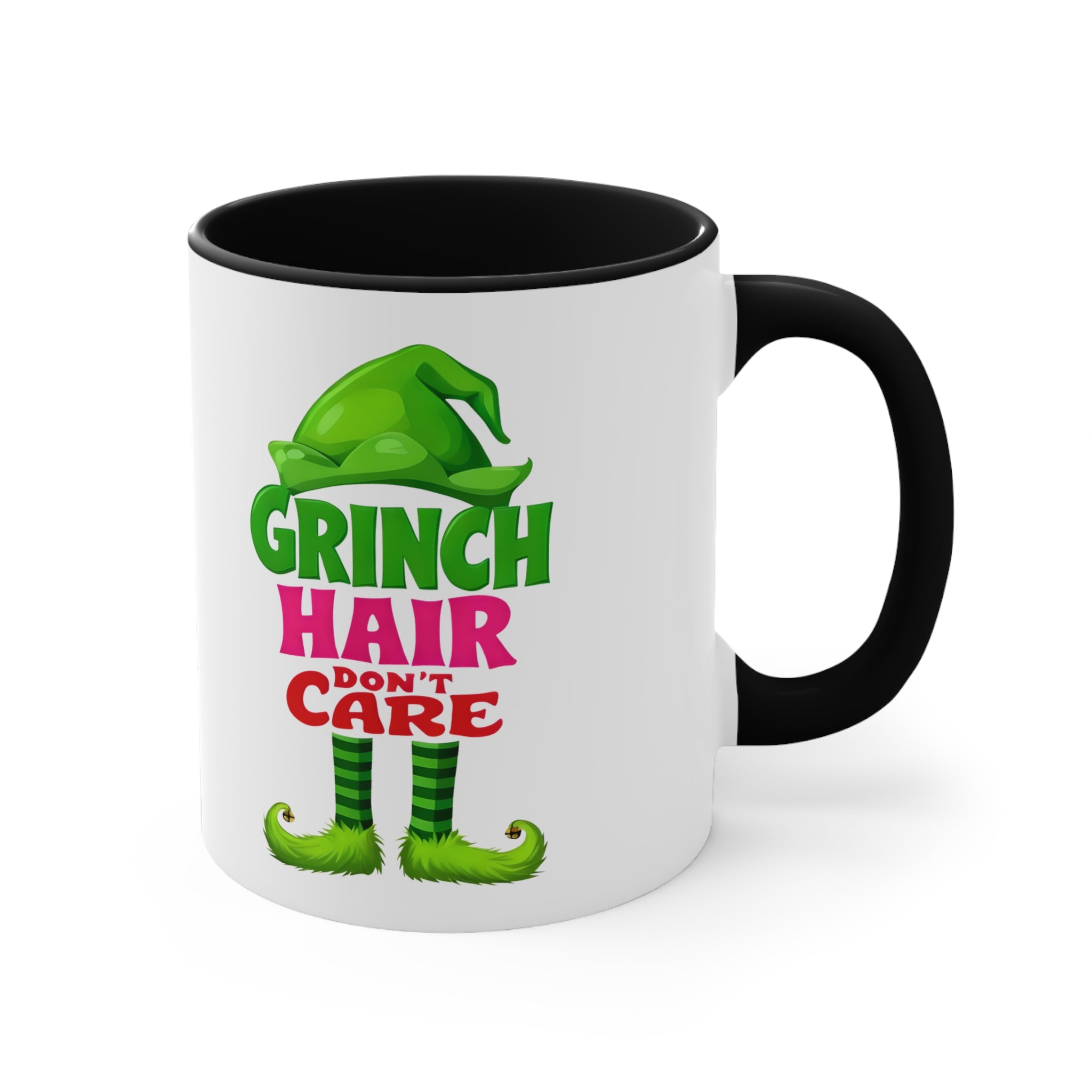 Christmas accent mug with 'Grinch Hair Don't Care' graphic, black interior side view