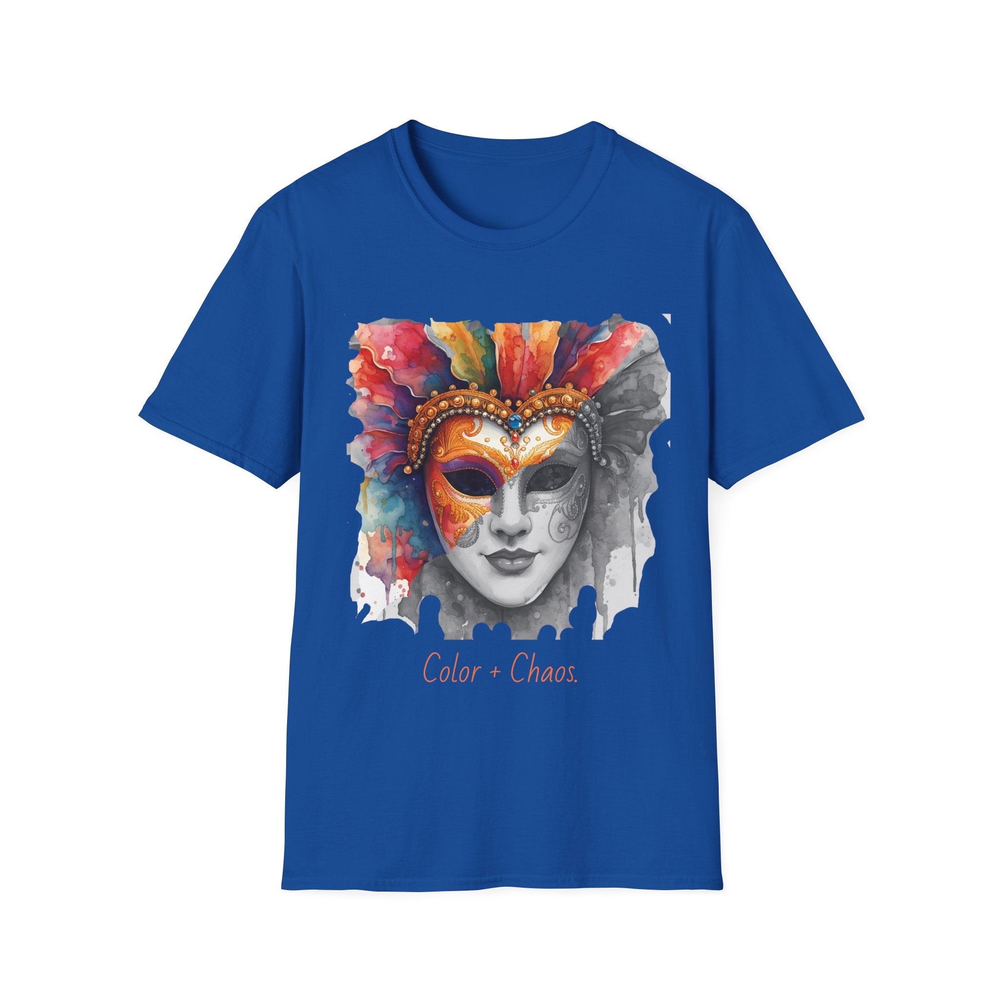 Royal blue T-shirt with watercolor masquerade face mask graphic at center