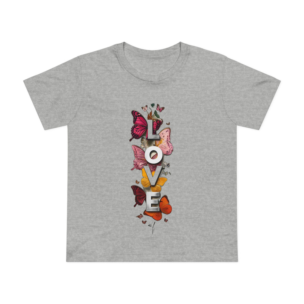 Heather gray women's graphic tee with centered LOVE letters and butterfly artwork.