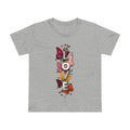 Heather gray women's graphic tee with centered LOVE letters and butterfly artwork.