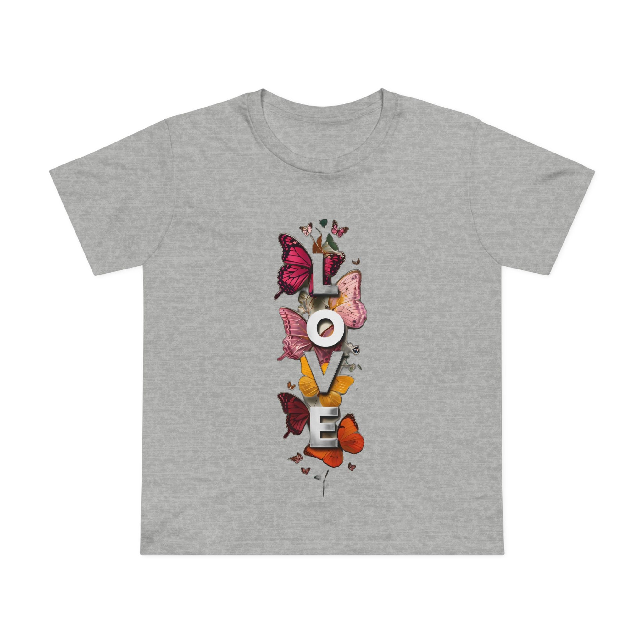Heather gray women's graphic tee with centered LOVE letters and butterfly artwork.