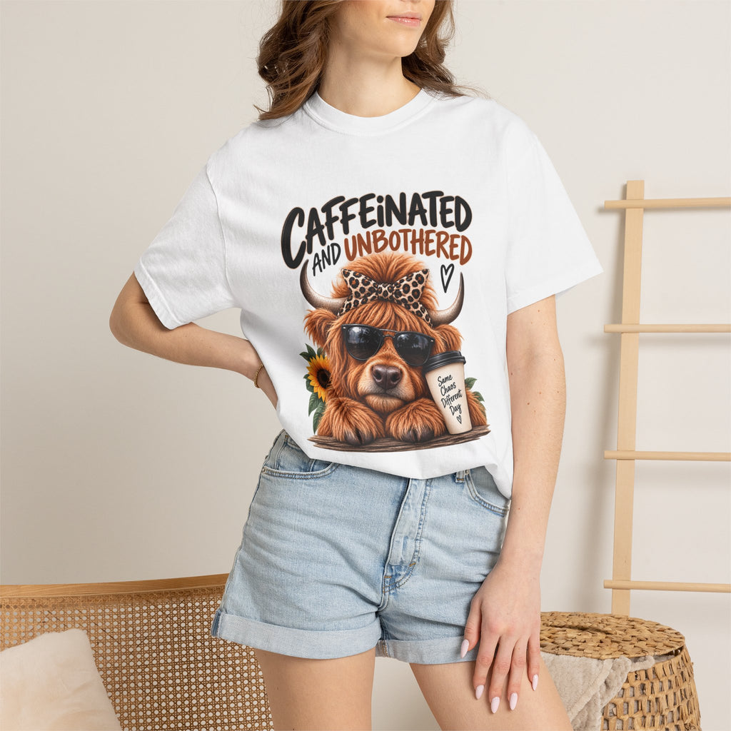 Caffeinated and Unbothered Dog T-Shirt — Cute Coffee Pup Graphic Tee
