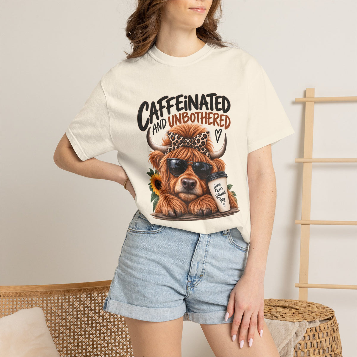 Caffeinated and Unbothered Dog T-Shirt — Cute Coffee Pup Graphic Tee