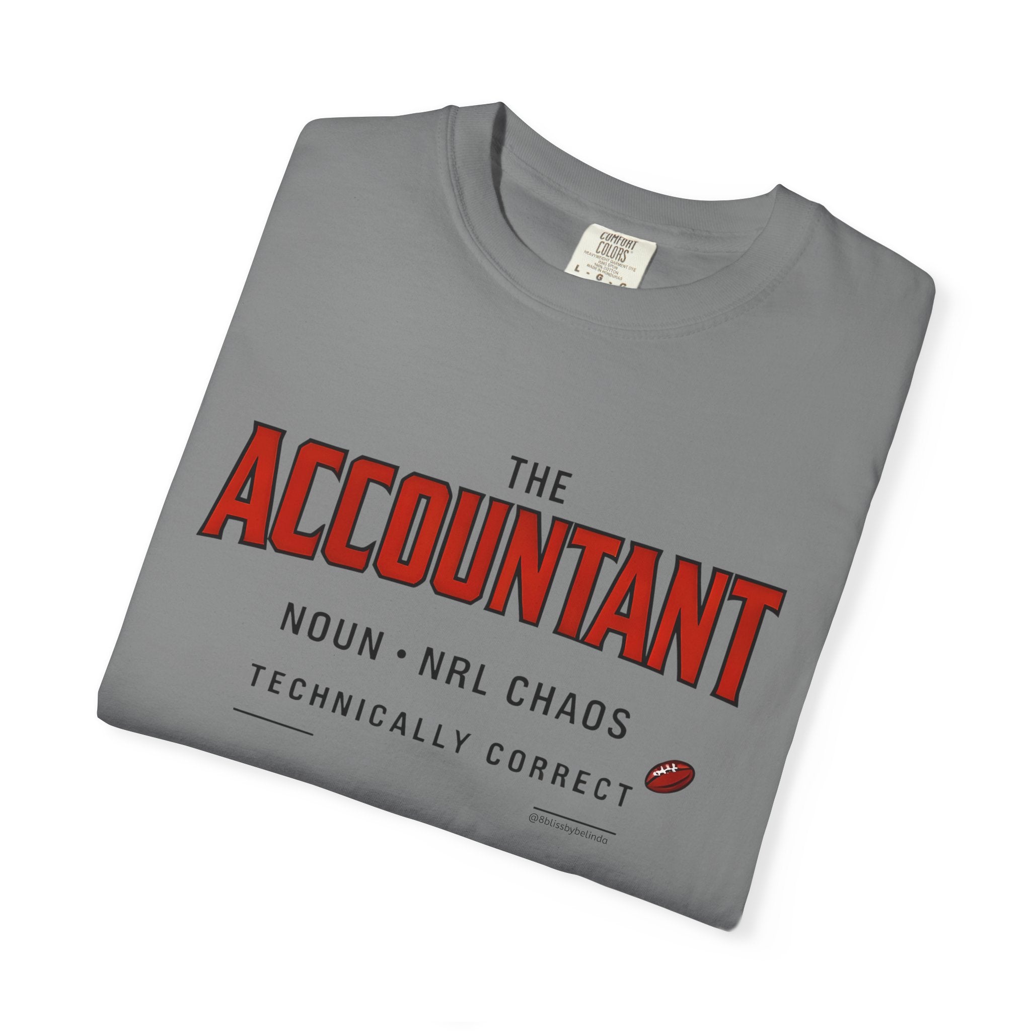Medium gray crewneck graphic T-shirt with red “THE ACCOUNTANT” definition print