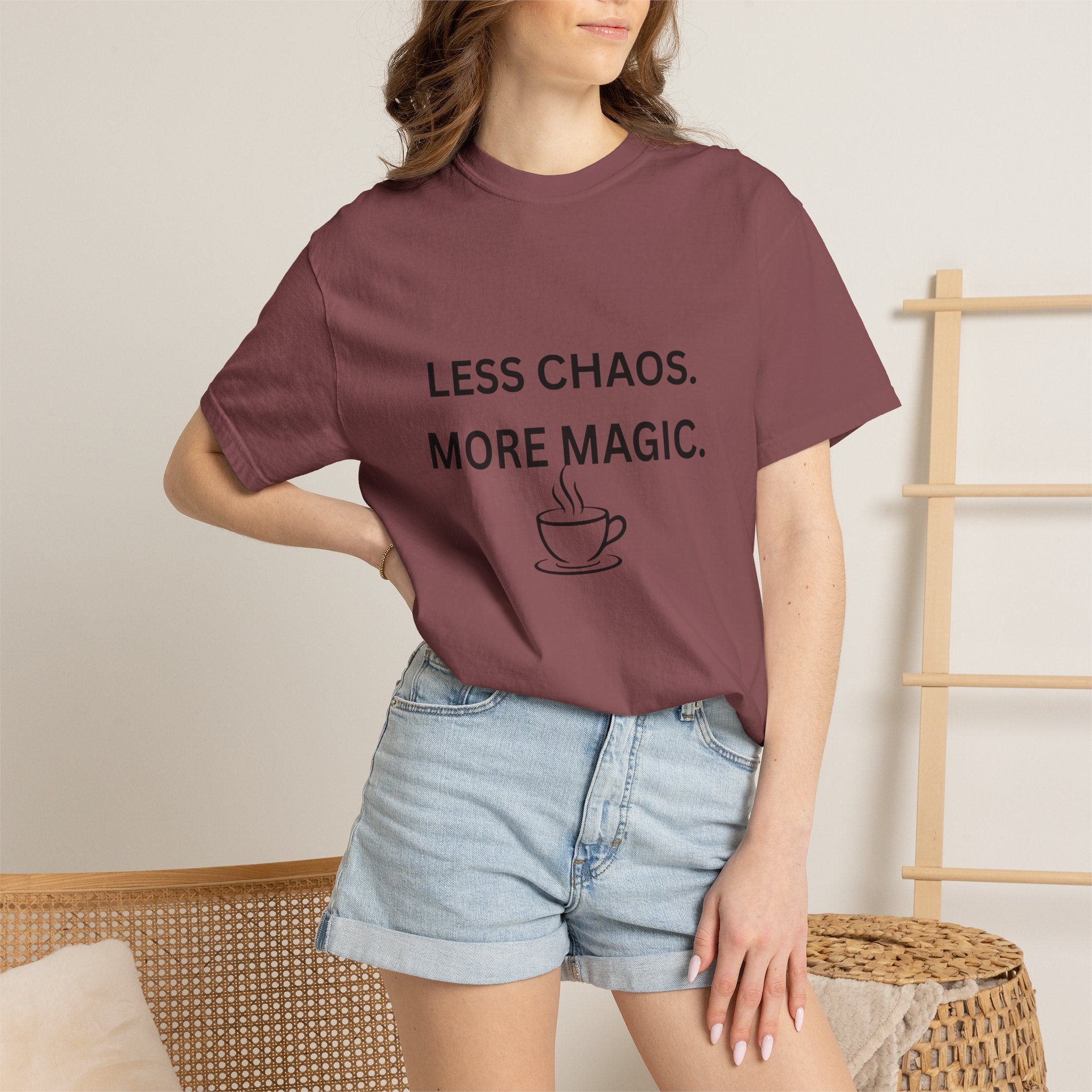 Less Chaos, More Magic T-Shirt — Cozy Coffee Cup Graphic Tee