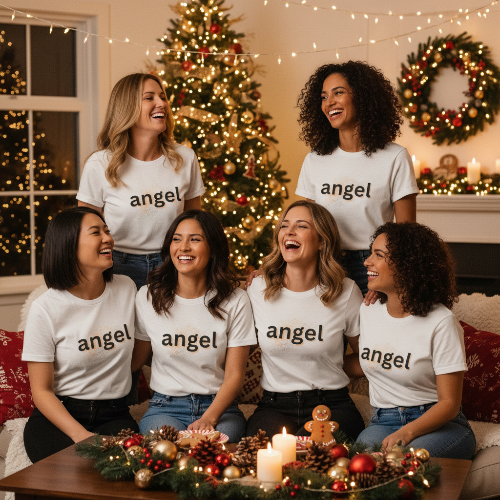 Women's white tee with angel text graphic on front