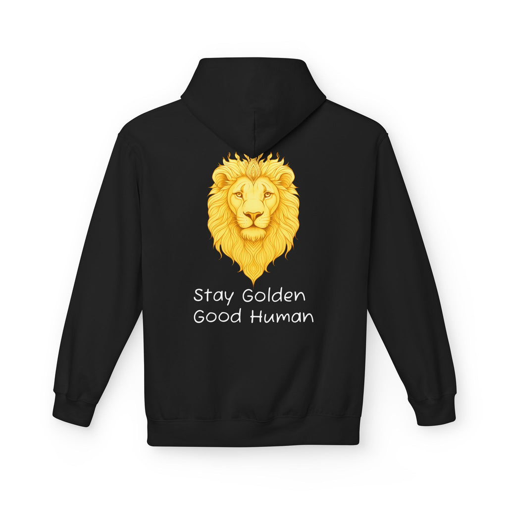 Unisex black hoodie with golden lion graphic and “Stay Golden Good Human” on front