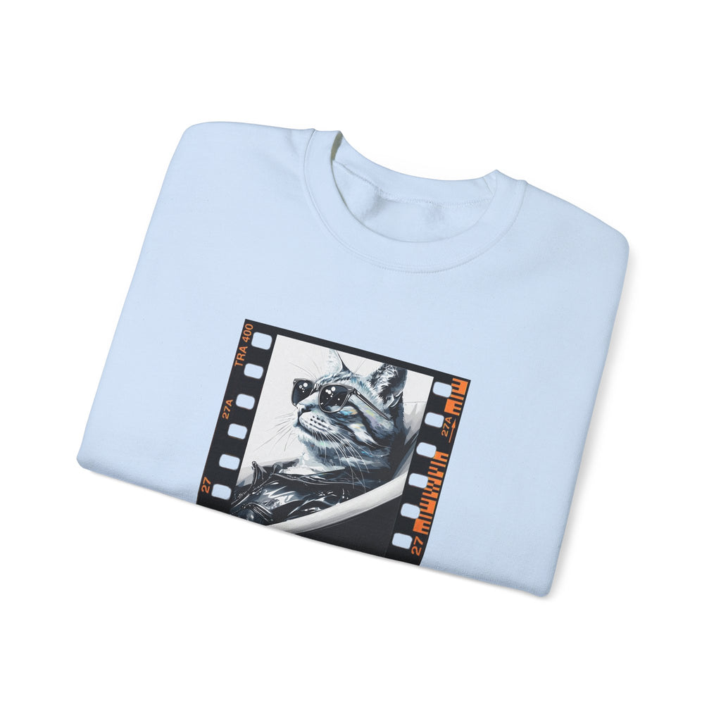 Light blue crewneck sweatshirt with cat-themed graphic print on chest