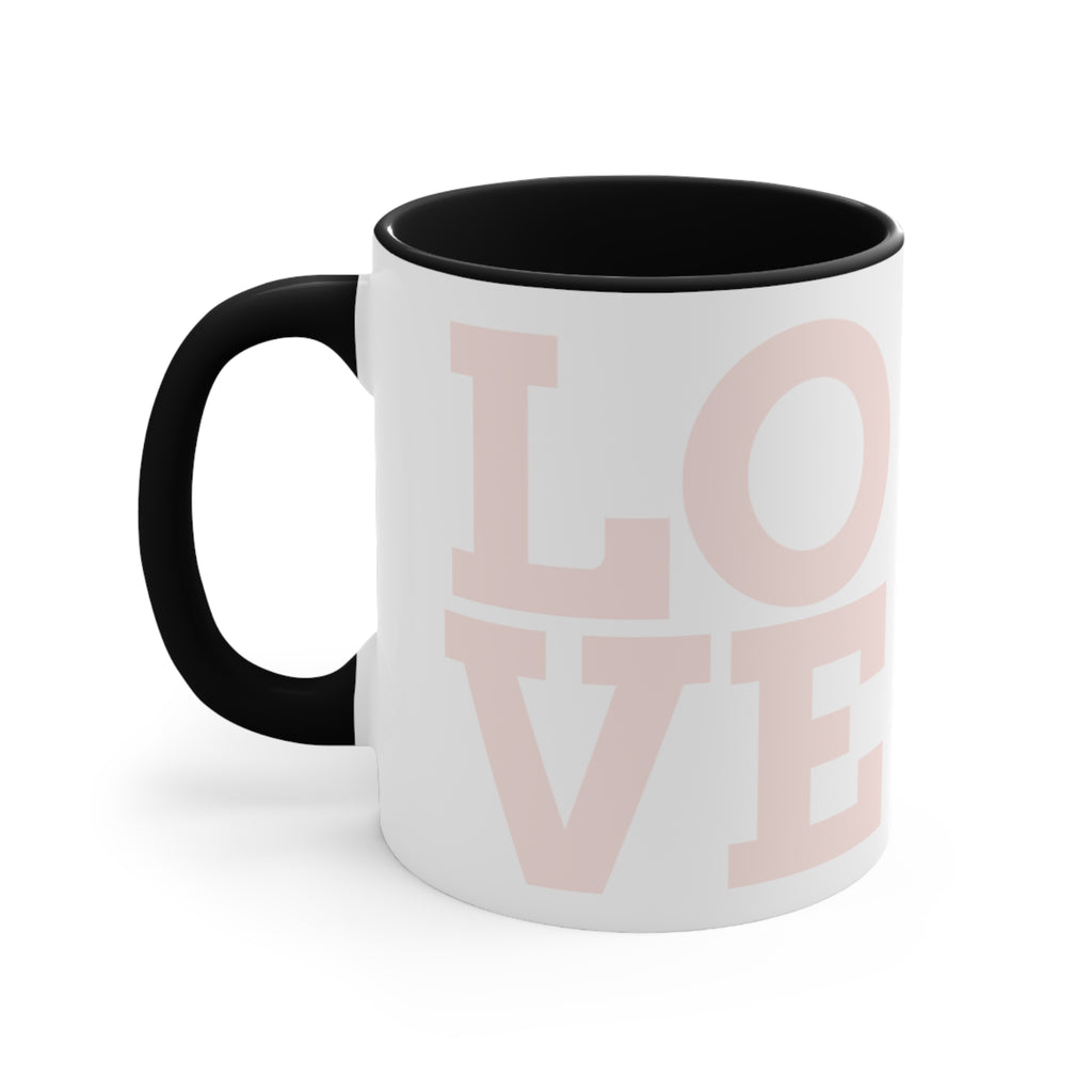 11oz accent mug, white with black handle; large faded LOVE text graphic