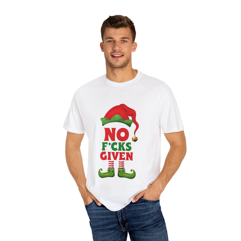 White t-shirt worn by model with elf “No F*cks Given” front graphic