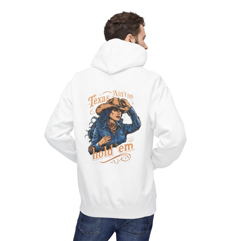 White cowgirl hoodie pullover on model, back graphic print with 'hold 'em' text