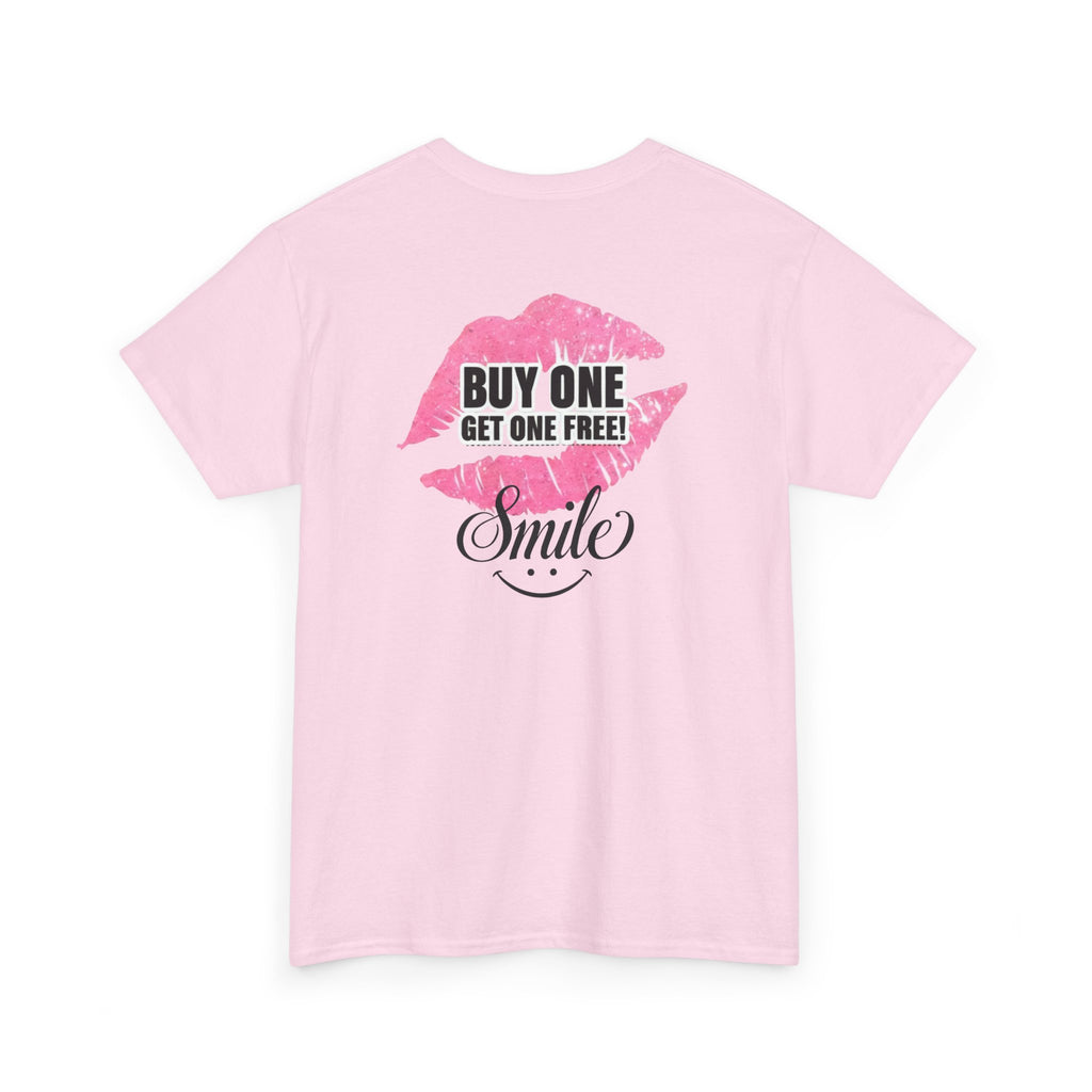 Light pink graphic t-shirt with centered back print “BUY ONE GET ONE FREE!” and “Smile”