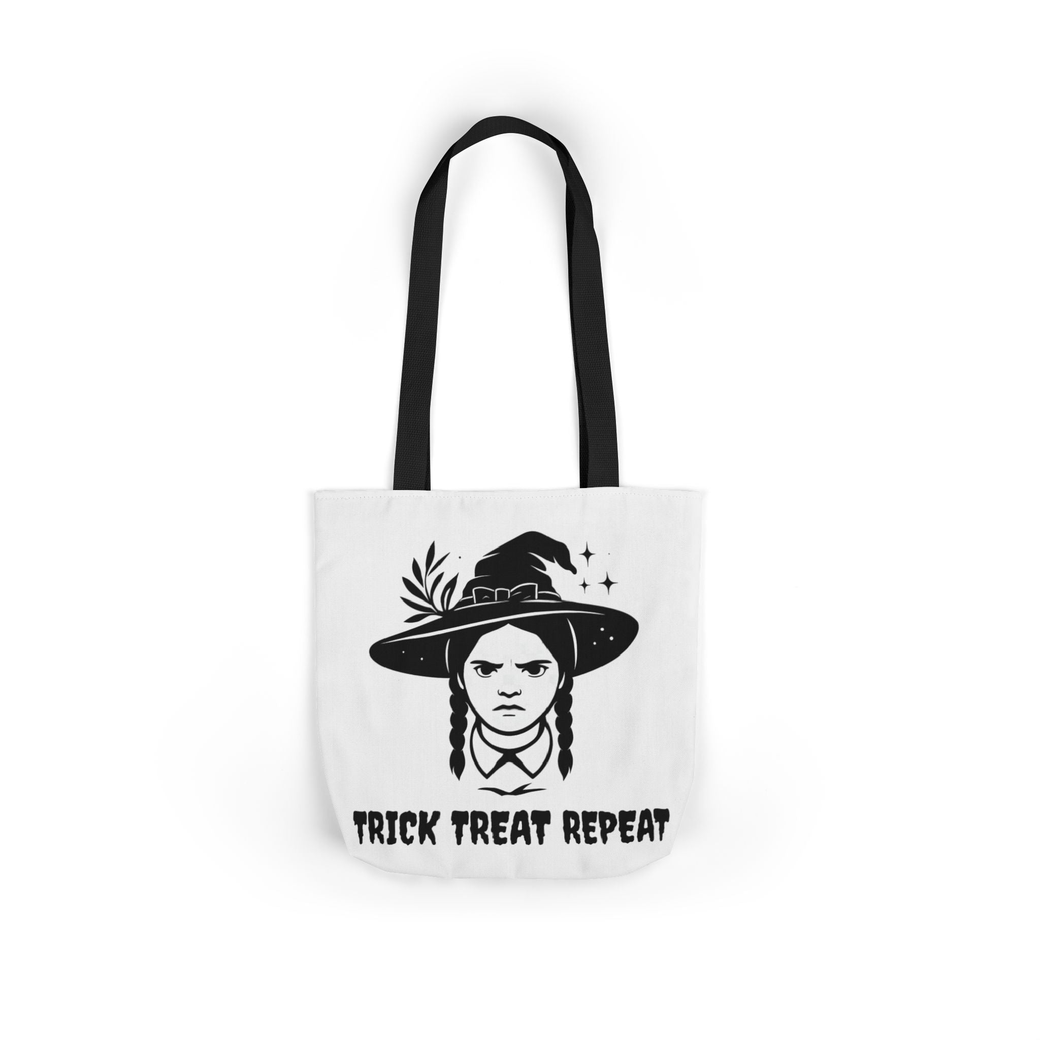 Canvas tote bag with black handles and witch graphic, 'Trick Treat Repeat' text