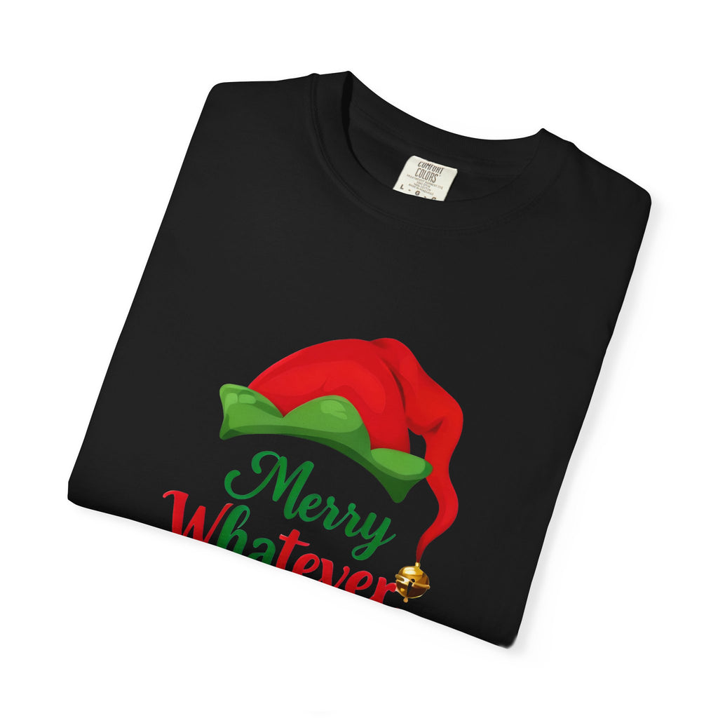 Black crewneck Christmas wine tee with red and green elf wine bottle front print