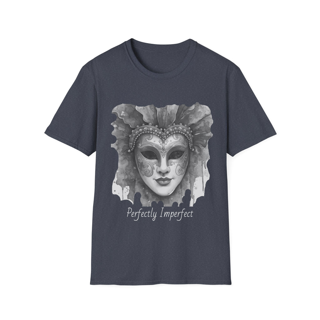 Charcoal t-shirt with watercolor mask face graphic and script "Perfectly Imperfect"