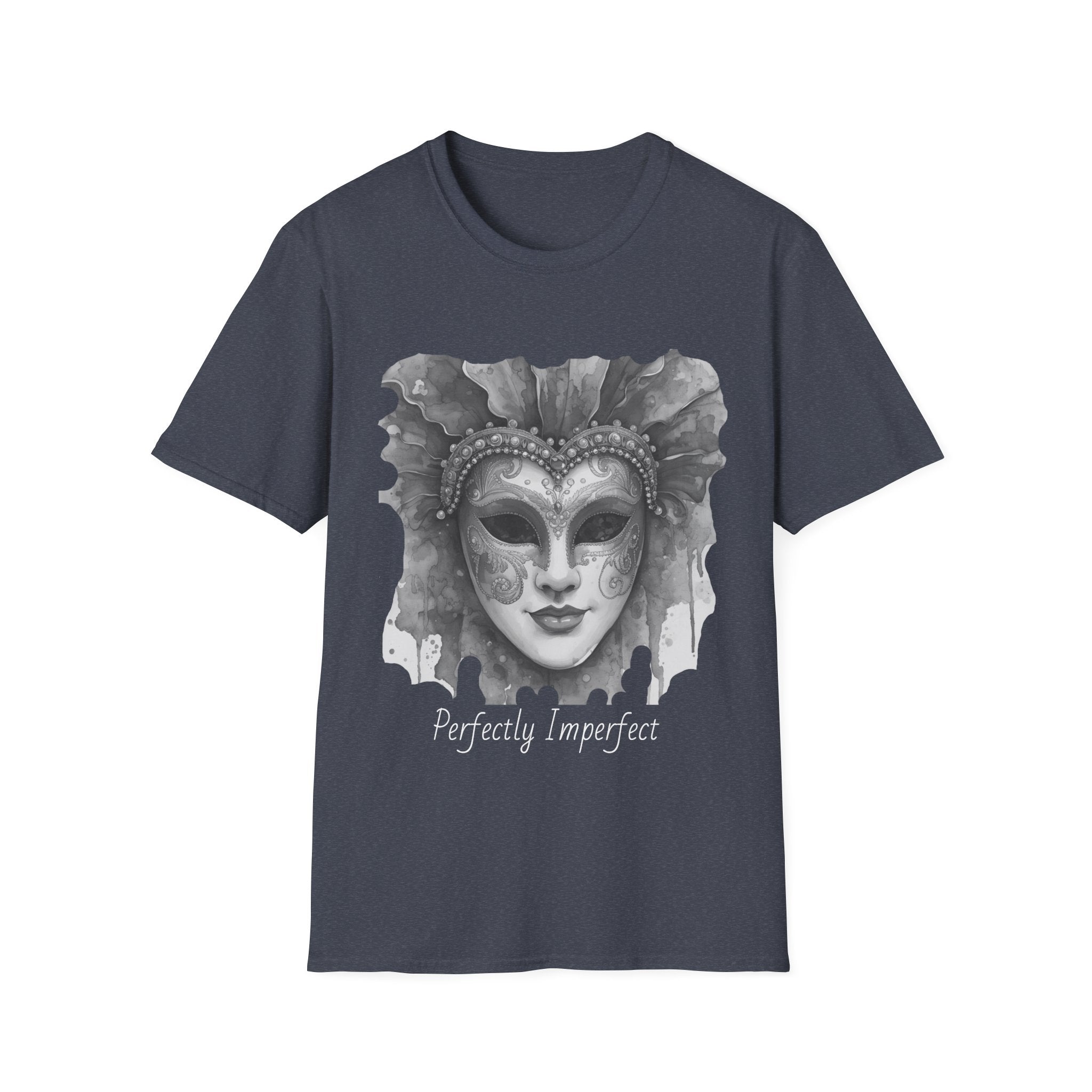 Charcoal t-shirt with watercolor mask face graphic and script "Perfectly Imperfect"