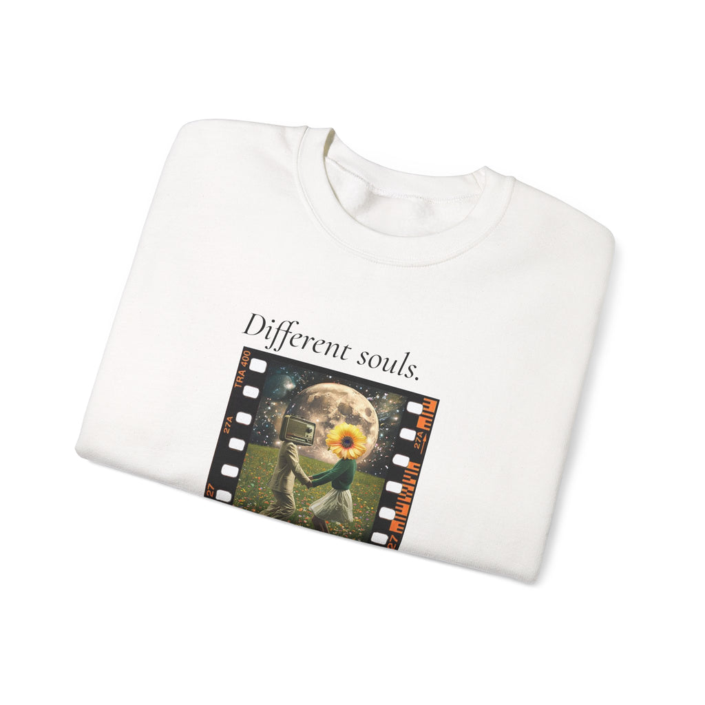 White crewneck sweatshirt with filmstrip graphic on chest