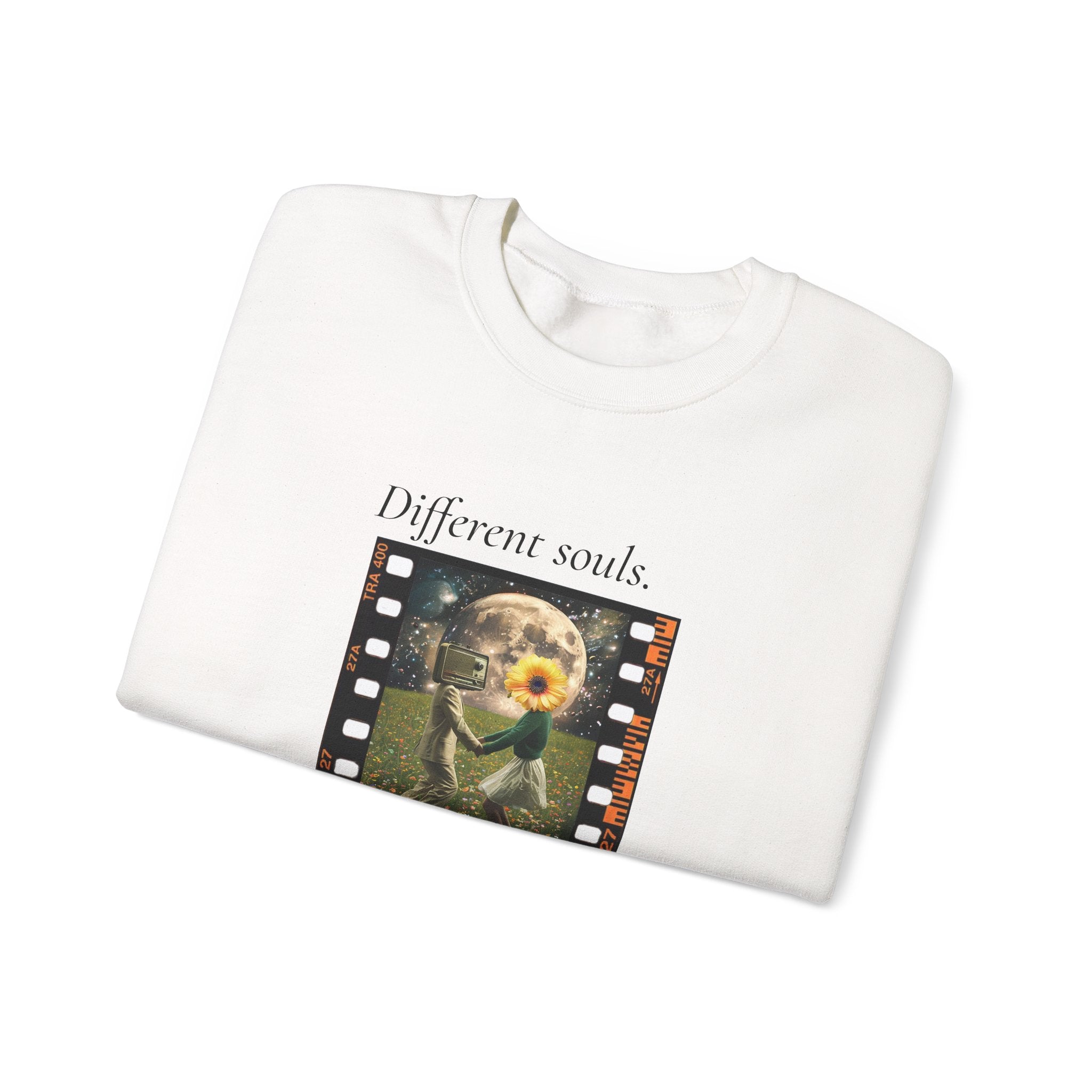 White crewneck sweatshirt with filmstrip graphic on chest