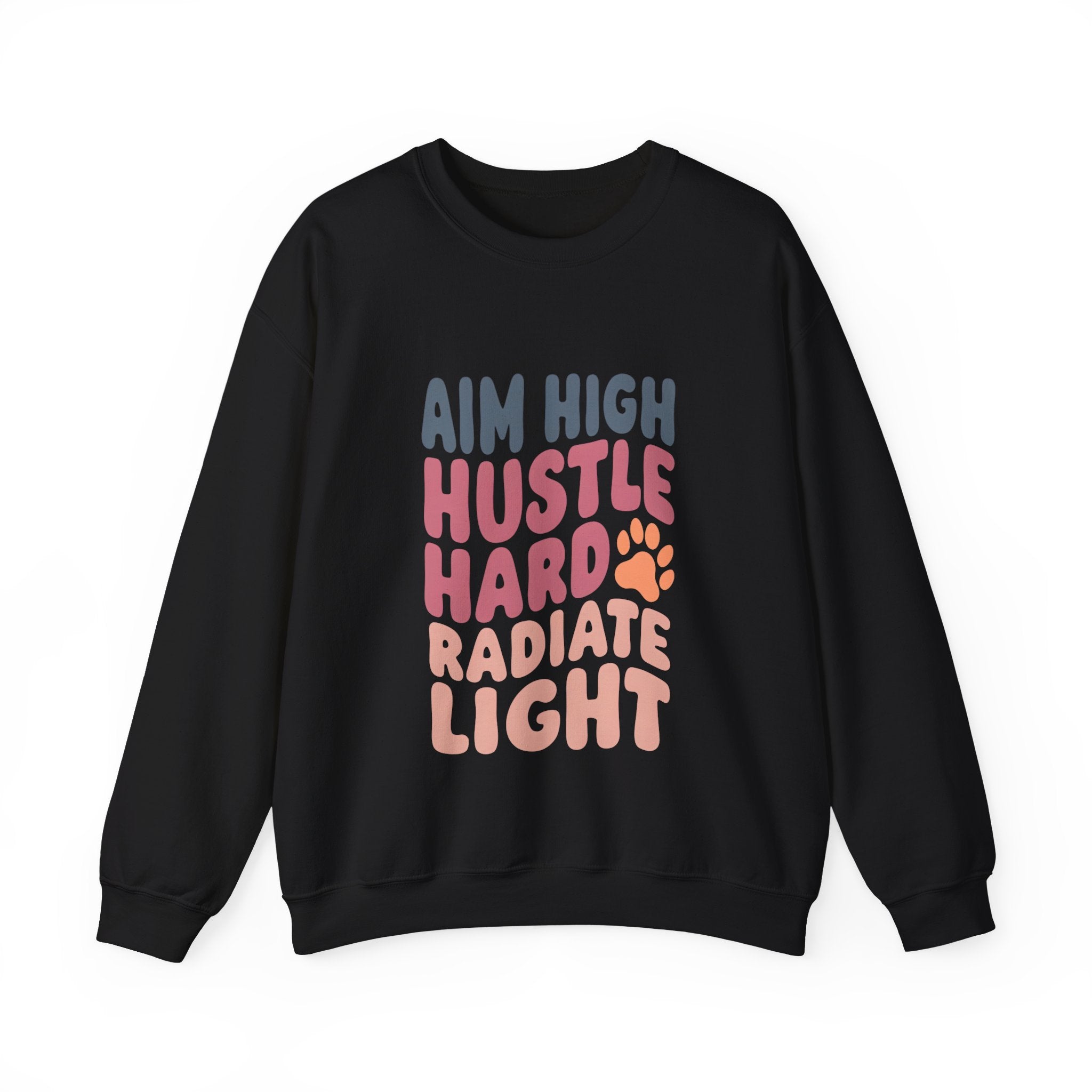 Unisex crewneck sweatshirt, black, with multicolor “AIM HIGH” stacked graphic on front