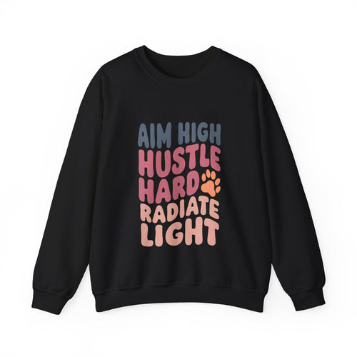 Unisex crewneck sweatshirt, black, with multicolor “AIM HIGH” stacked graphic on front