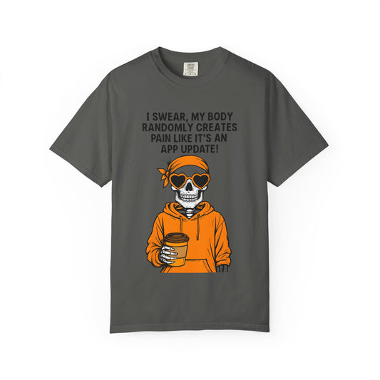 Funny Skeleton T-Shirt, Unisex Humor Tee, Gift for Tech Lovers, App Update Joke Shirt, Casual Wear