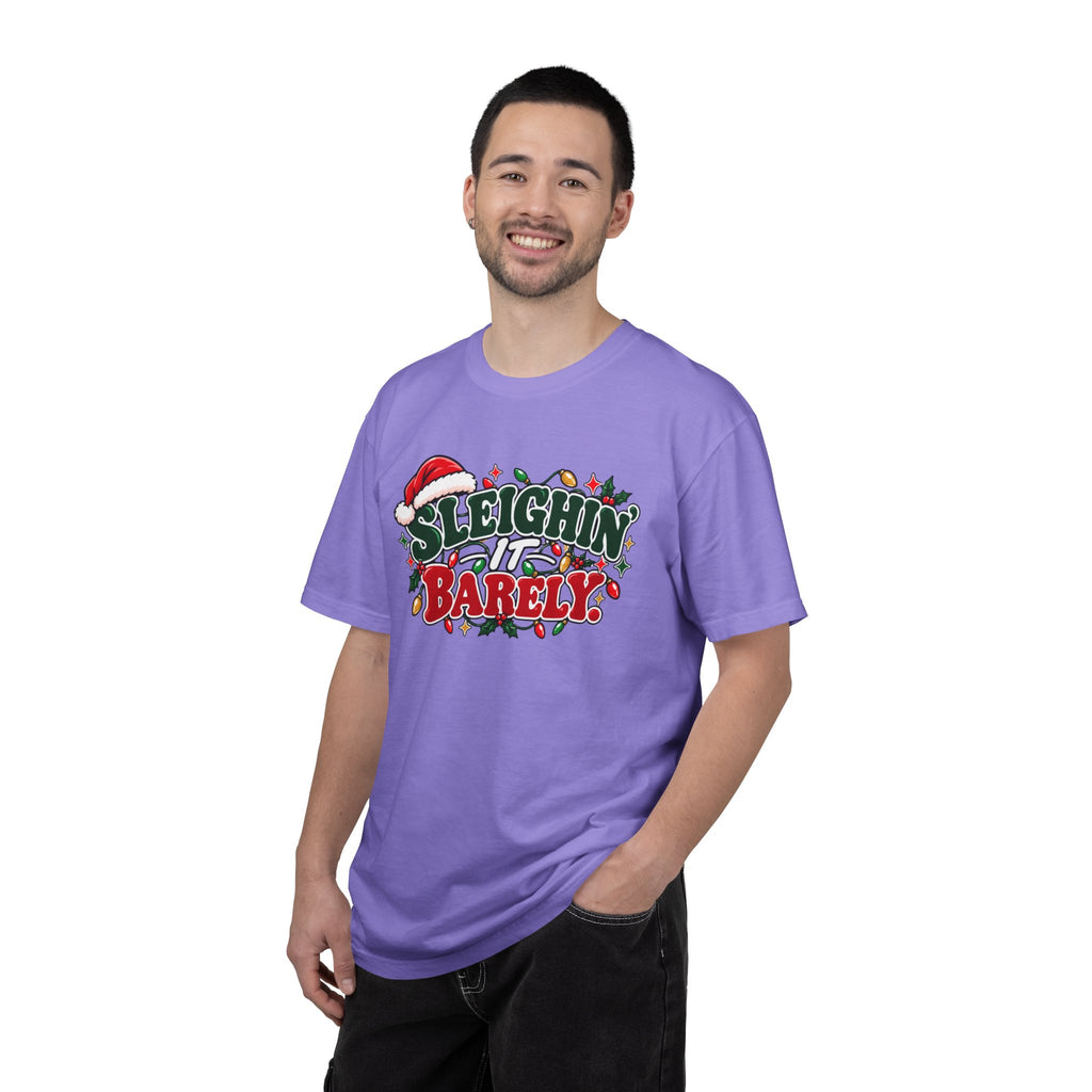 Purple crew-neck t-shirt, front view with 'Sleighin' It Barely' holiday print