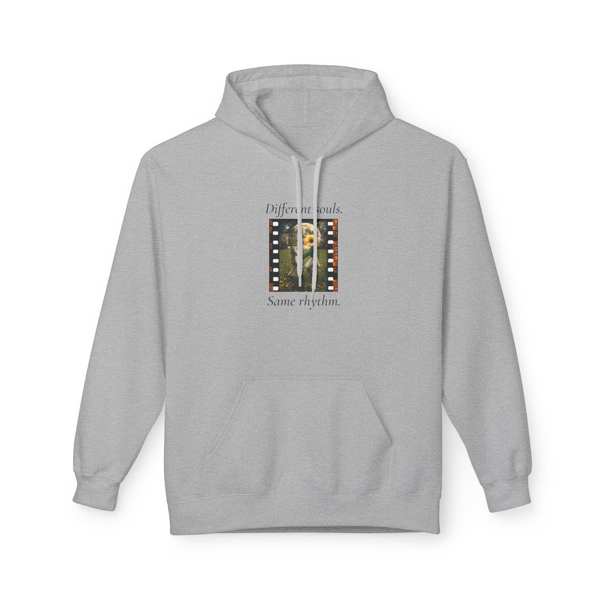 Sport grey pullover hoodie with front pocket, hood, and music-themed graphic chest print