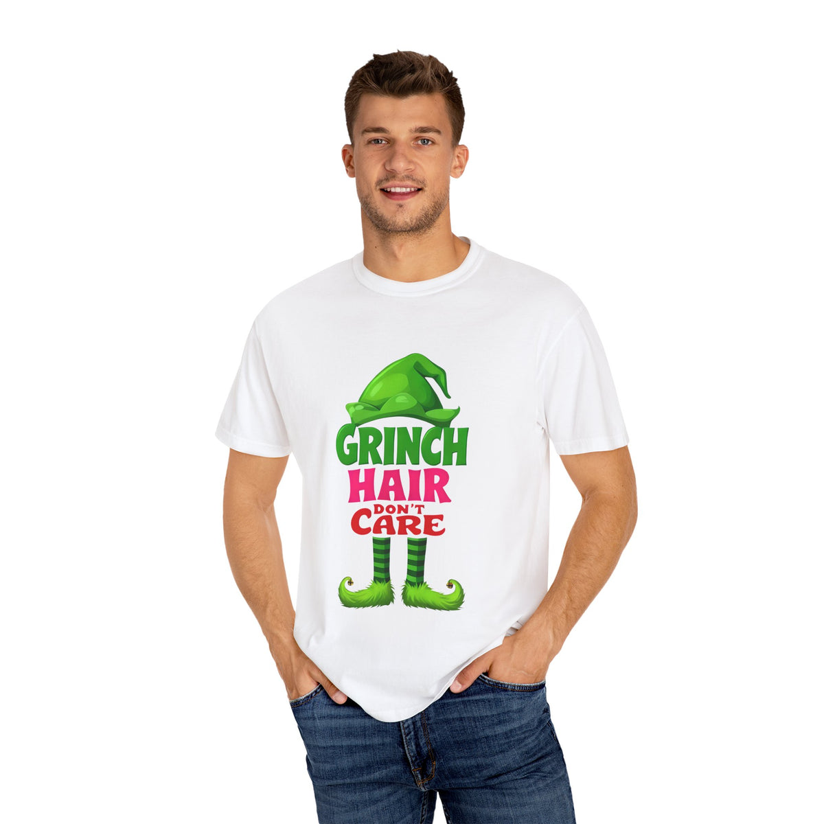 White crew-neck T-shirt with Grinch Hair Don't Care front graphic, worn