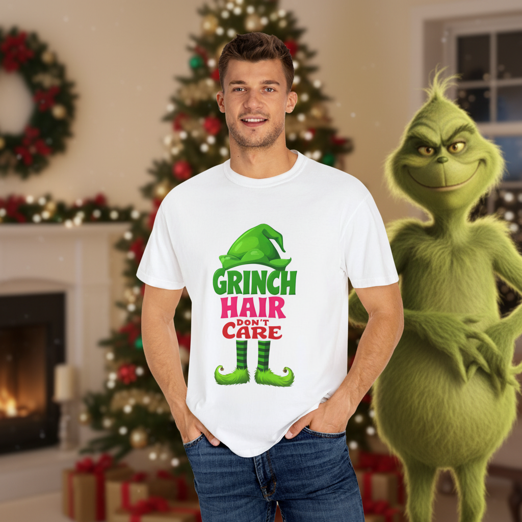 White crew-neck T-shirt with Grinch Hair Don't Care front graphic