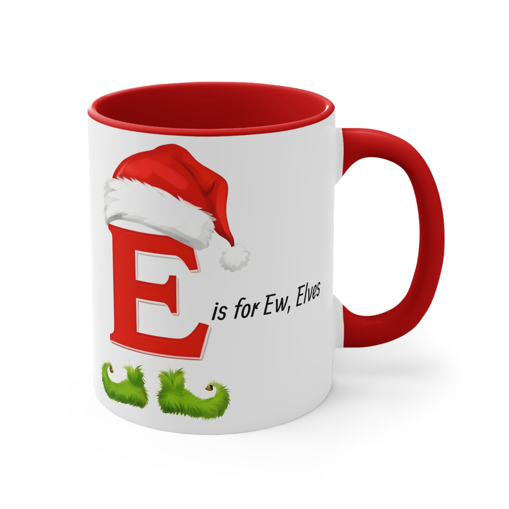 Christmas letter E mug with red handle and red interior; red E and santa hat with green details