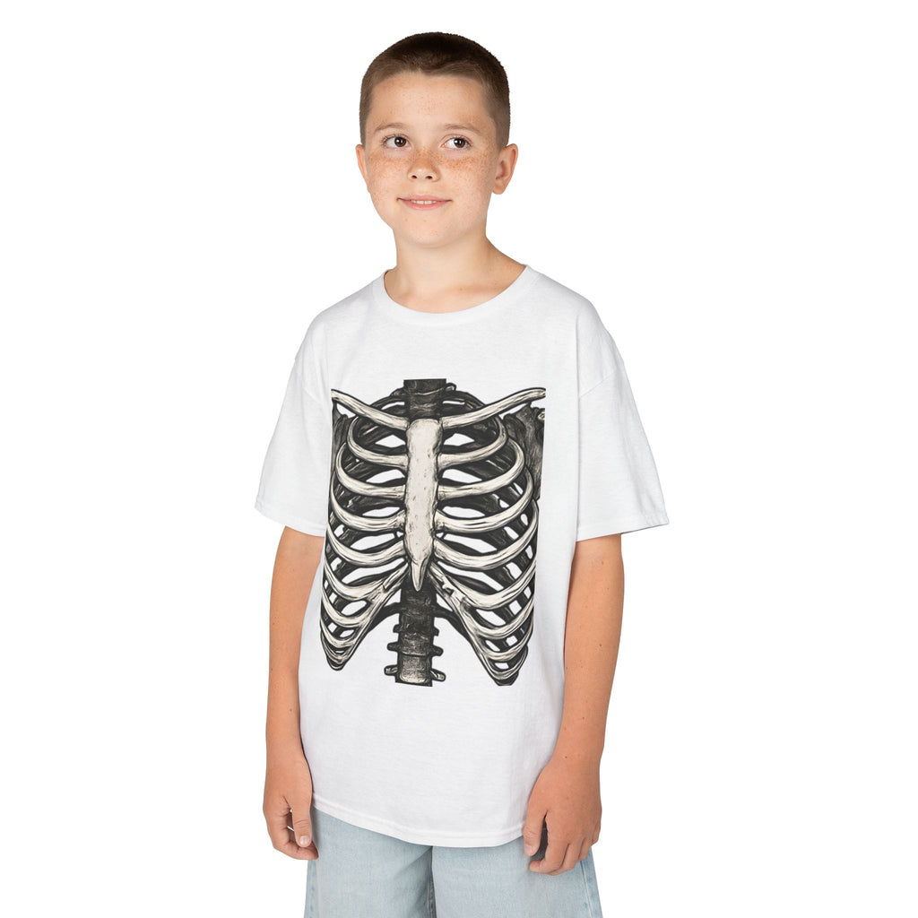 Kids white crewneck tee worn by a child, with ribcage skeleton graphic on front