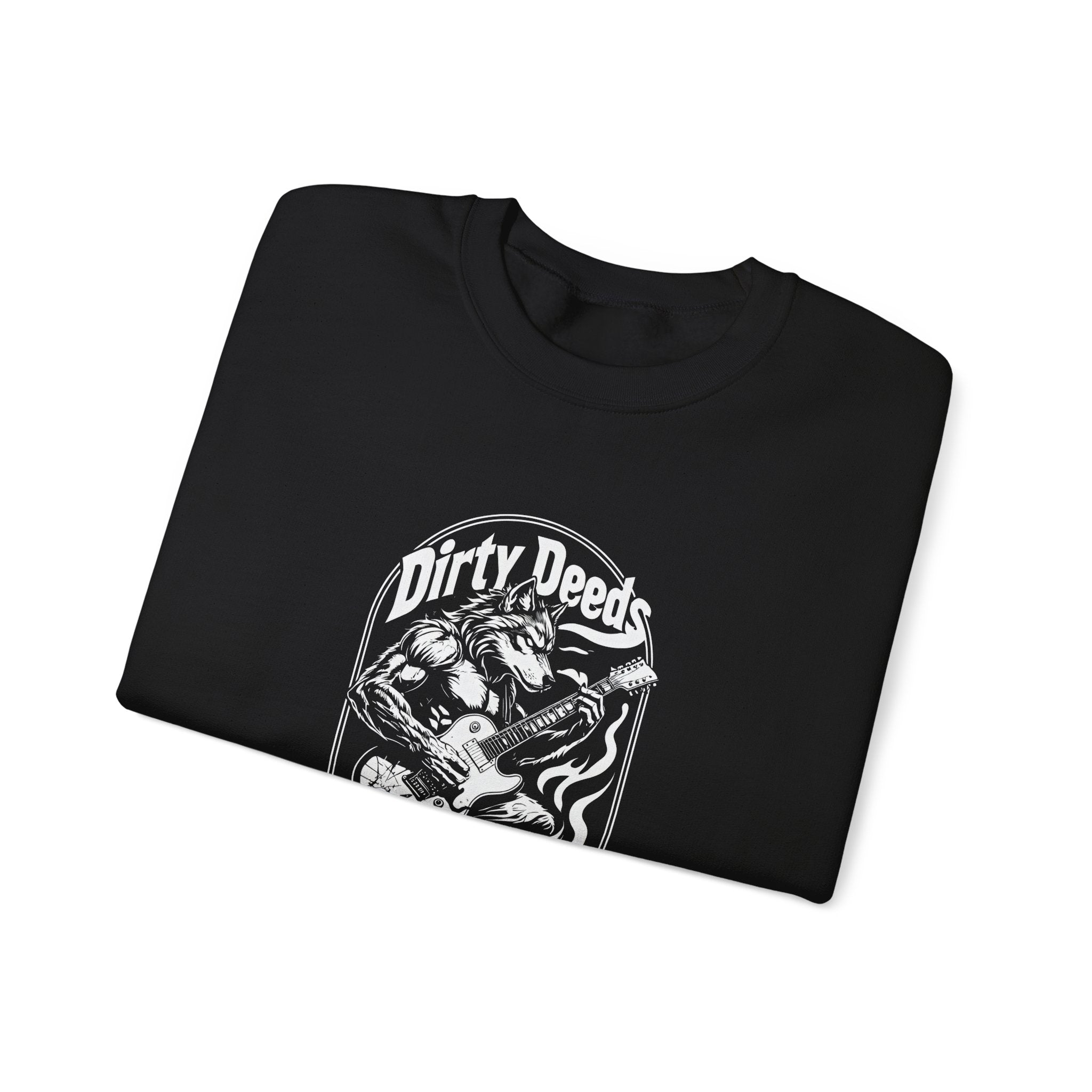 Black crewneck sweatshirt with retro skull and guitar graphic on the front
