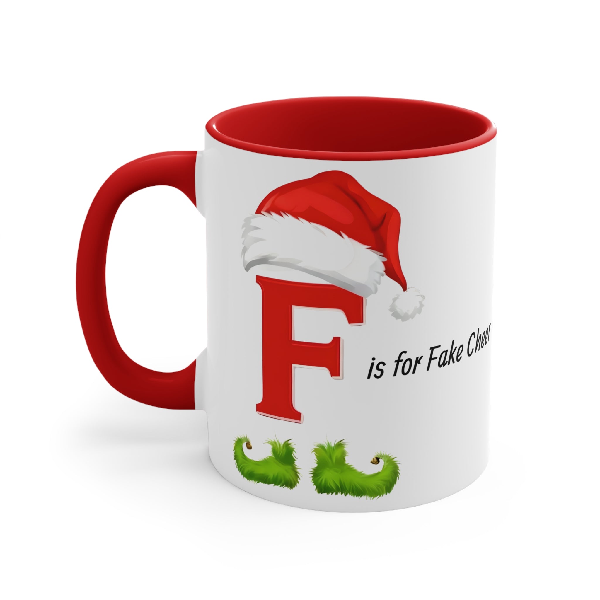 Red ceramic mug with letter F, Santa hat, and green faux-beard text graphic
