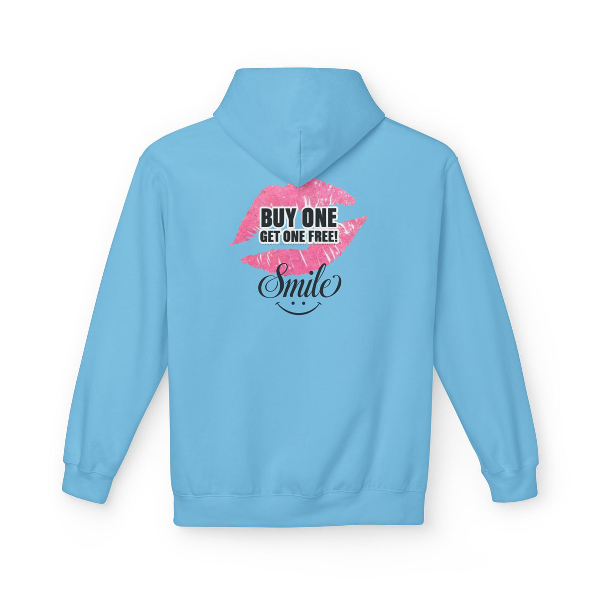 Sky blue hoodie with pink 'Buy One Get One Free' Smile front graphic print